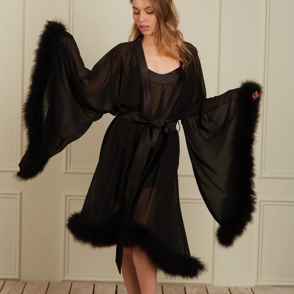 Maison Riche Black Peignoir Set Luxury Black Robe With Fur Trim